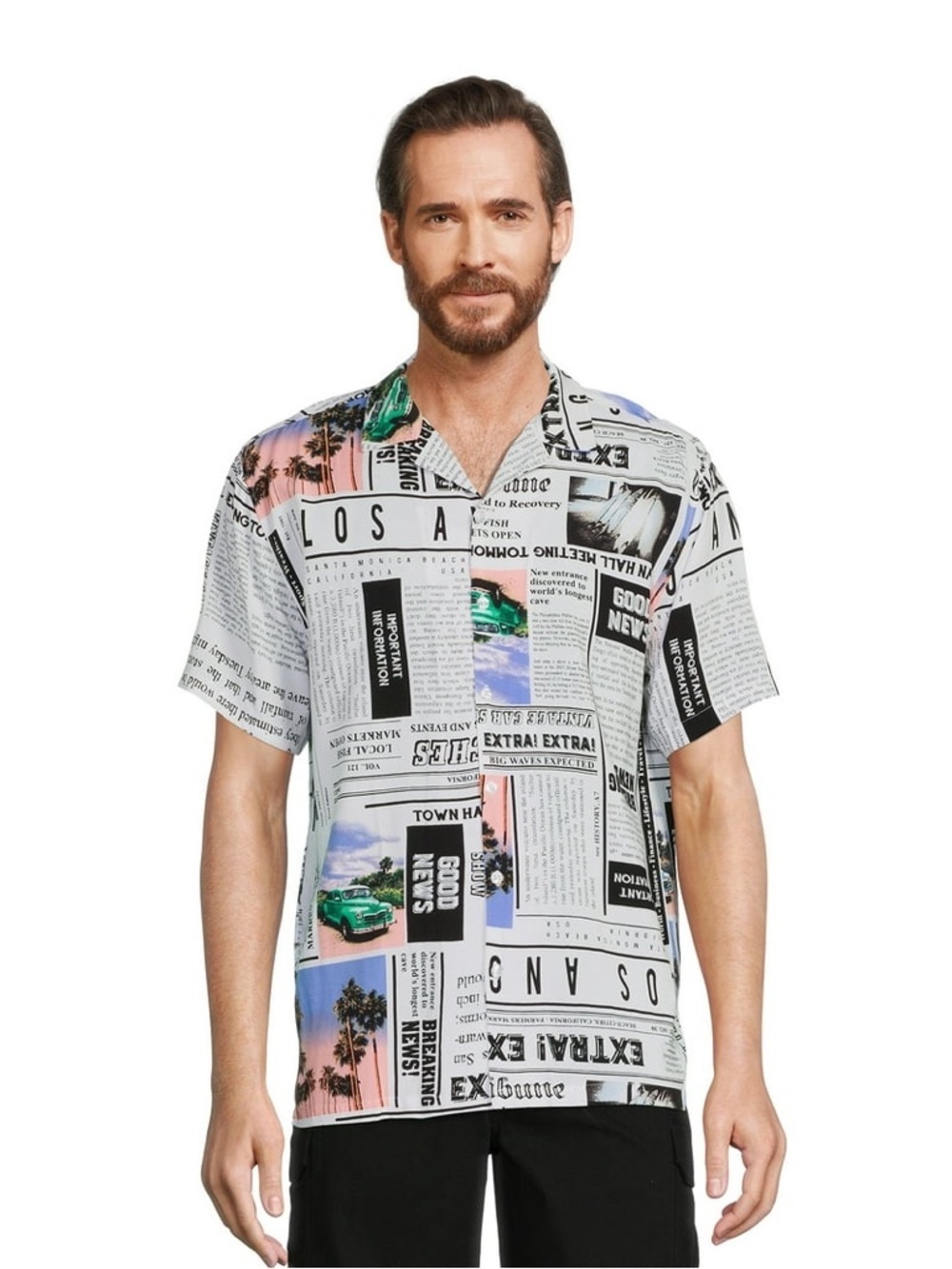 No Boundaries Men's News Print Shirt Sz 2XL Button Front Resort Short Sleeves